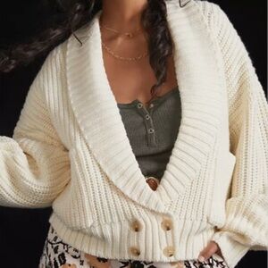 Anthropologie Deep V Wool Blend Oversized Ivory Cardigan Sweater Size Small
